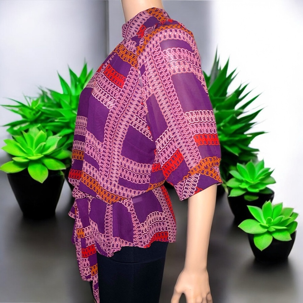 New York & Company Printed Dolman-Sleeve Keyhole Neck Waist Tie Blouse - Picture 3 of 15